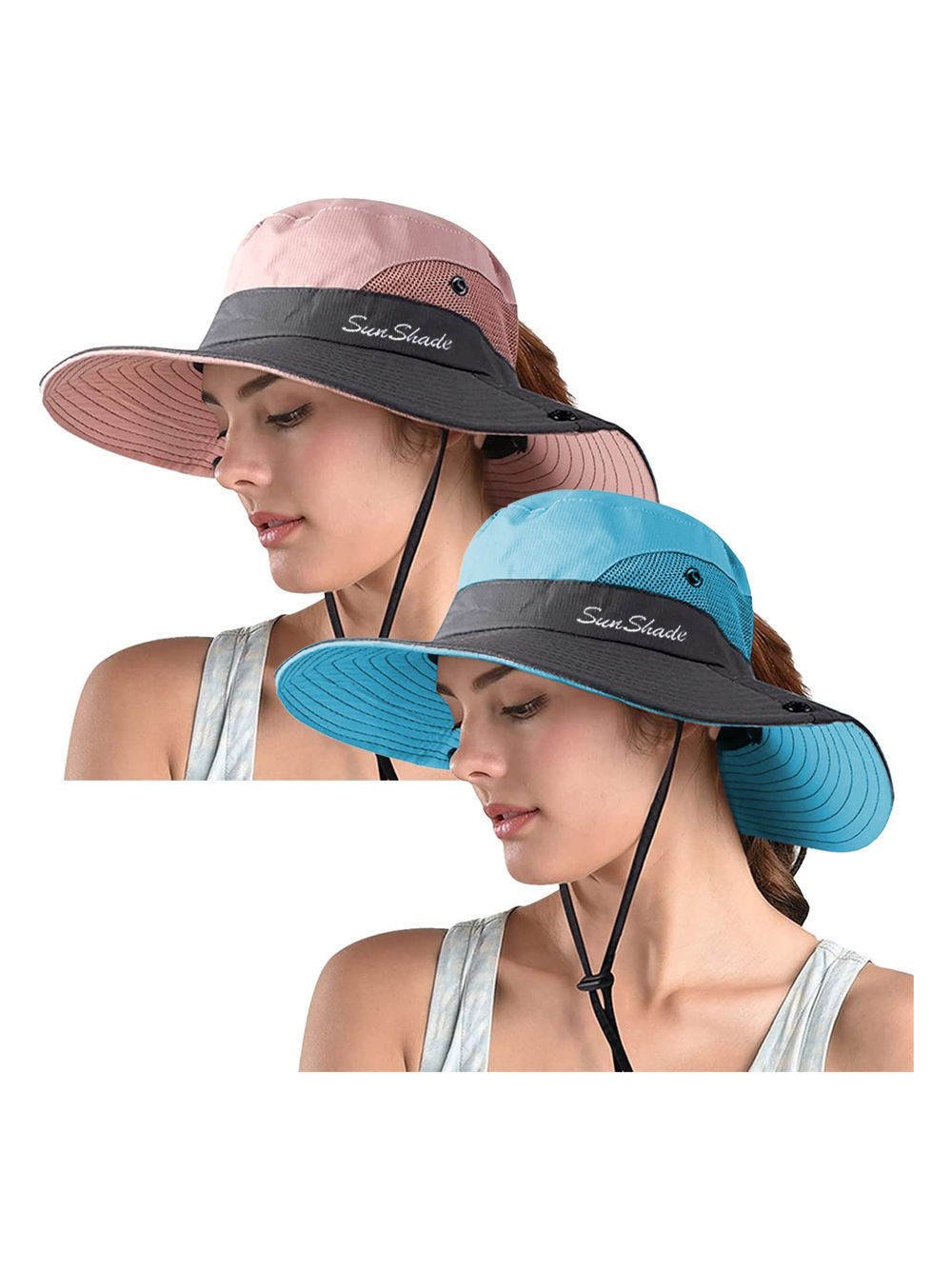 Women's Ponytail Safari Sun Hat,Wide Brim UV | Pink, Blue | Size 6 3/4-6 7/8